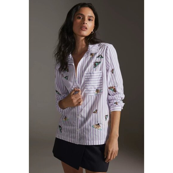 MAEVE Striped Embroidered Butterfly cotton Poplin Button Down Shirt, Size XS - Picture 1 of 13